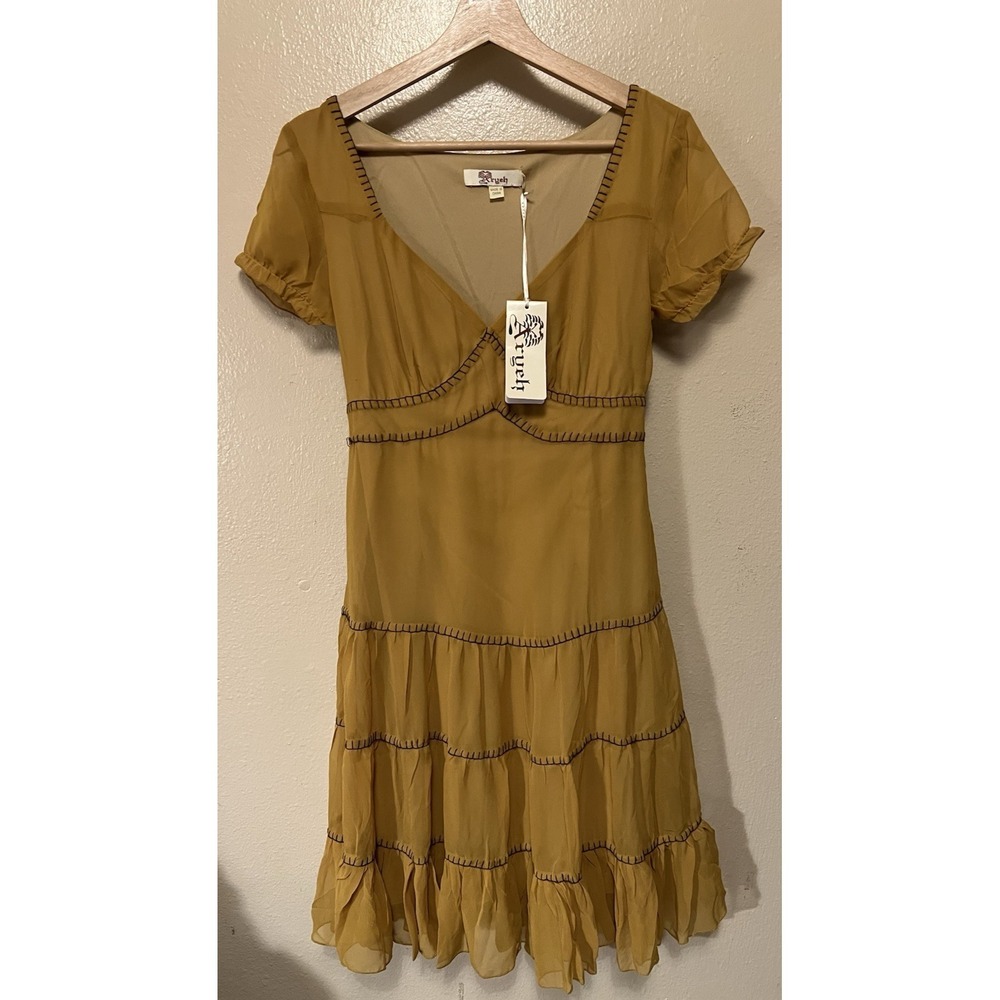 NWT Aryeh Mustard Tiered Mini Dress Black Embroidered Short Sleeve Romantic Sz M